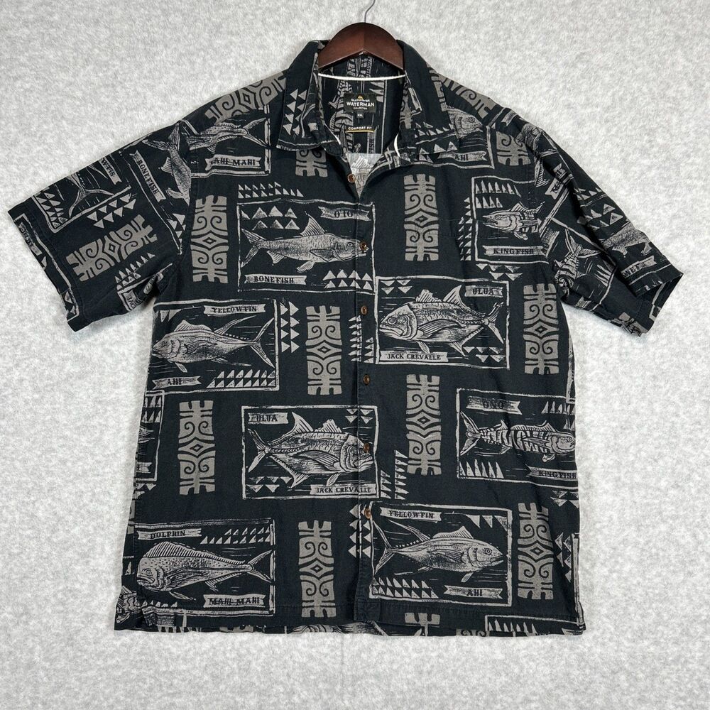 Quiksilver Waterman Shirt Mens XXL Black Fish Tribal Hawaiian Camp Comfort Fit